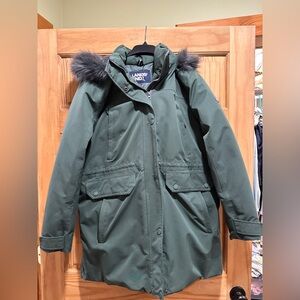 Lands' End Women's Dark Green Winter Jacket with Faux Fur Hood